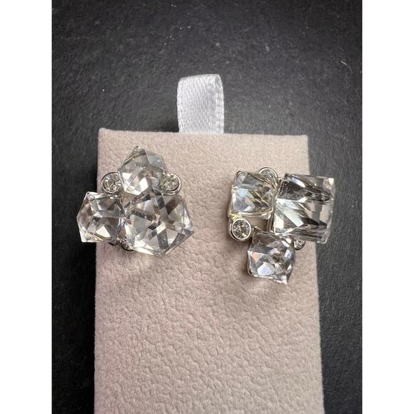 Vintage Silver Tone Crystal Cube Rhinestone Cluster Earrings - Picture 12 of 14